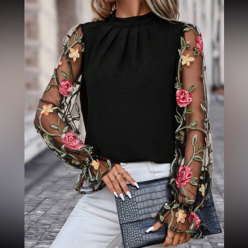 Boho floral mesh sleeve blouse